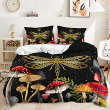 Gold Dragonfly Duvet Cover Set, 3Piece Queen Size, 2 Pillowcases, Boho Sun Moon, Starry Animal Pattern, Dragonfly1