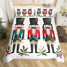 Christmas Duvet Cover Set Queen Size Green Nutcracker Kids Bedding with Pillowcases Zipper Closure