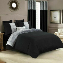(BLACK SILVER, Duvet Cover Set Only-Single) Luxurious Crushed Velvet Duvet Set with Matching Faux Silk Eyelet Curtains - Available in Multiple Sizes