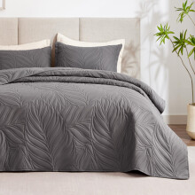 King Size Quilt Set Grey 3 Piece, Lightweight Soft Bedspread with Modern Leaf Pattern and Pillow Shams