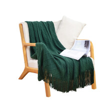 Green Diamond Pattern Knitted Throw Blanket with Tassels Cozy Warm Decorative Sofa Blanket for Home