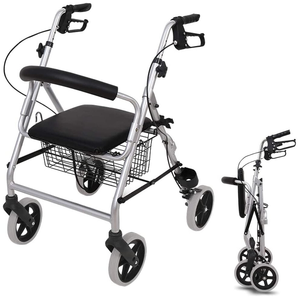 Rollator Walker for Seniors with Seat and Brakes, Foldable 4 Wheel Mobility Walker with Basket