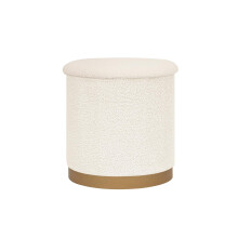 White Boucle Round Storage Ottoman with Gold Base, Hidden Storage Footstool for Living Room