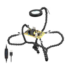 Soldering Helping Hands Station with 5 Flexible Arms, 3X Magnifier, USB LED Light and Metal Base