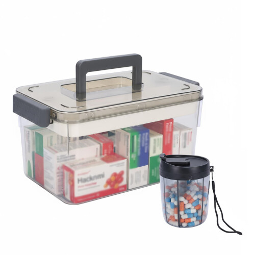 First Aid Kit and Pill Organizer, Large Capacity Medicine Storage Box with Handle and 6 Compartments