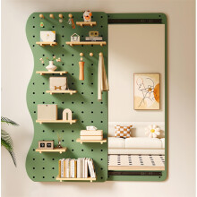 Full Length Mirror with Storage and Pegboard, 2 in 1 Sliding Wooden Design with Shelves Hooks, Rustic 160x60cm Green Waves
