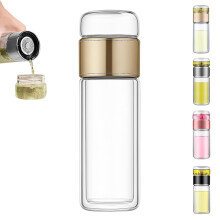 Glass Tea Infuser Bottle 500ml Gold, 3in1 LeakProof DoubleWalled Travel Tea Maker with Filter