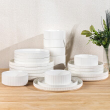 Ceramic Dinnerware Set for 8, 24Piece Porcelain Plates and Bowls, Scratch Resistant, Microwave Dishwasher Oven Safe, Lead Glaze