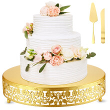 Gold Cake Stand 14 Inch Metal with Knife and Spatula for Christmas Wedding Birthday Dessert Display