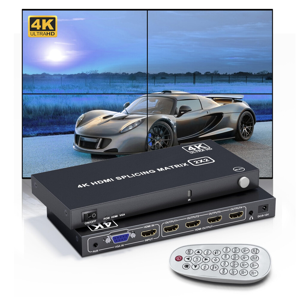 2X2 4K Uhd Hdmi Video Wall Controller With Remote, Multi Screen Display Processor 180 Rotation 9044945314700