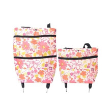 2 in 1 Foldable Shopping Cart with Wheels, Lightweight Waterproof Rolling Tote Bag for Groceries Pink