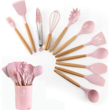 Küchenutensilien-Set – Marke – 12-teilig – antihaftbeschichtetes Silikon – glatter Holzgriff – zeitgemäß