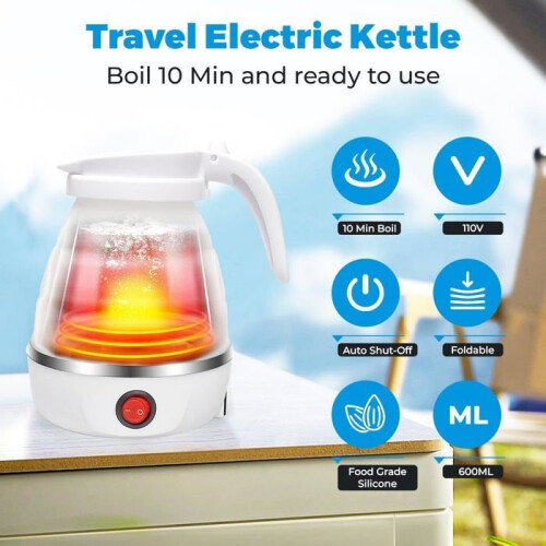600ML Portable Camping Kettle, Foldable Kettle, Mini Silicone Electric Kettle for Camping -Blue 1