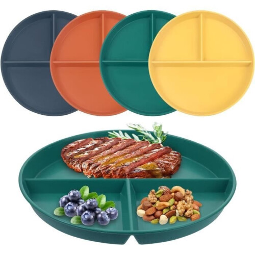 4PCS Plastic 3-Divided Plates, 23CM Unbreakable Portion Control Plates, 3 Compartment Plate