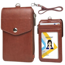 Ausweishalter, Namensschild aus Leder, vertikaler Ausweishalter am Hals, Arbeitsausweishalter mit Reißverschlusstasche und Umhängeband