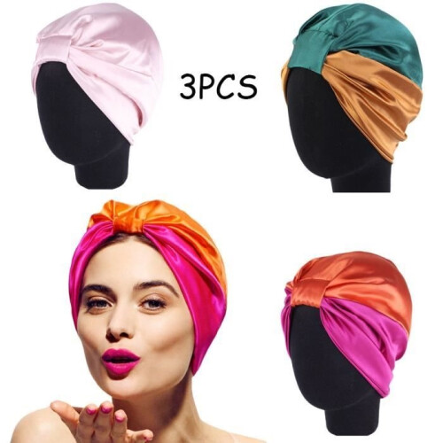 Night Cap,Double Layer Knotted Sleep Caps,Satin Shower Cap,Stretchable Night Cap,Sleep Hat(3pcs)
