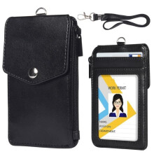 Badge Holder, Vertical Neck Lanyard Proximity Card Holder, Leather Work Card Holder, Name Tag with Zipper, Black