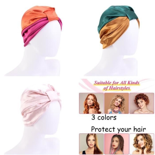 Night Cap,Double Layer Knotted Sleep Caps,Satin Shower Cap,Stretchable Night Cap,Sleep Hat(3pcs) 2
