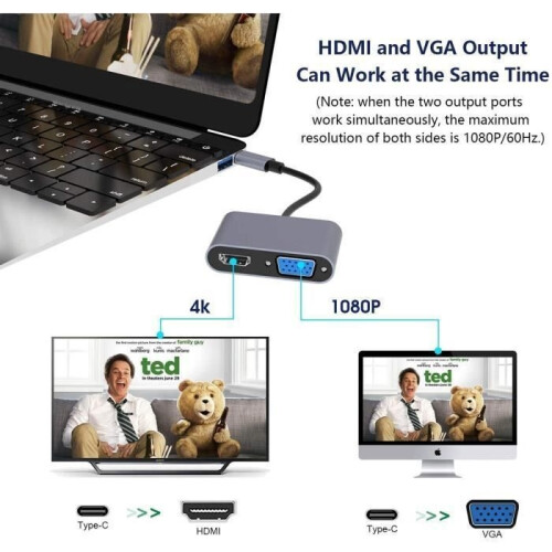 Type C to VGA + HDMI + USB3.0 + PD100W Charging 4 in 1 Adapter - Same Display - Grey 2