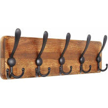 Houten wandkapstok, 5 drievoudige haken, wandgemonteerde kapstok, 44 massief houten badkamerkapstok voor jassen, bruin
