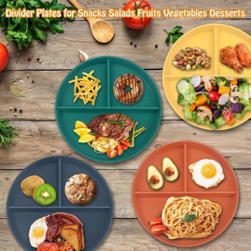 4PCS Plastic 3-Divided Plates, 23CM Unbreakable Portion Control Plates, 3 Compartment Plate 2