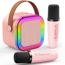 ATOPDREAM kinderkaraokemachine, met dubbele microfoons, Bluetooth-luidsprekerspeelgoed (5.0), RGB-bestuurbare lichten (roze)