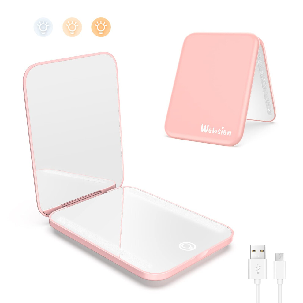Pink Led Travel Mirror Rechargeable Makeup Compact With 3X Magnification Touch Dimmable Lights