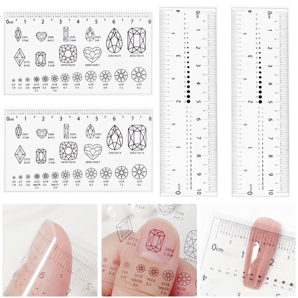 4Piece Ultrathin Soft Nail Measurement Ruler with Rhinestones for Acrylic Nails and Manicure