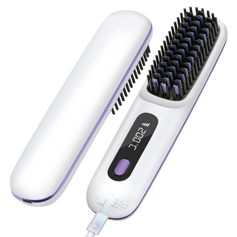 White Cordless Hair Straightener Brush With Negative Ion Technology, Usb Rechargeable Travel Comb,