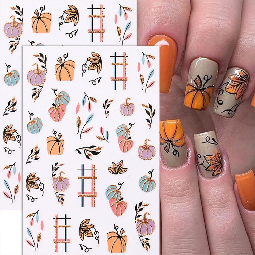 Gold Fall Nail Art Stickers Autumn Pumpkin Thanksgiving Decals Glitter Leaf Selfadhesive 3Pcs