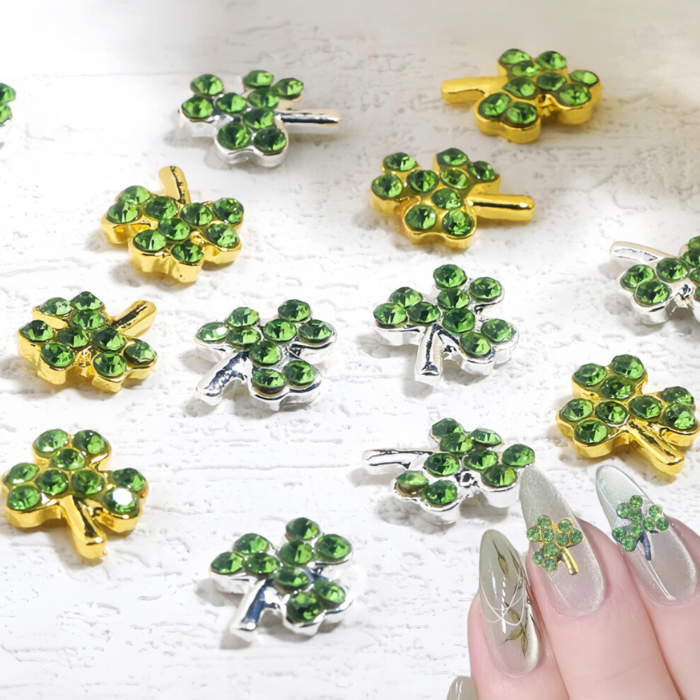 Gold/Silver St. Patrick's Day Nail Charms 3D Shamrock Rhinestones And Clover Set For Acrylic Nails