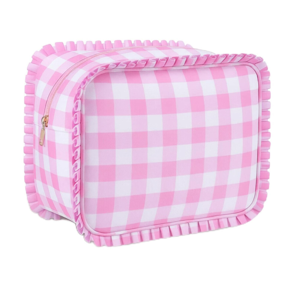 Pink Large Gingham Makeup Bag With Ruffles, Waterproof Travel Cosmetic Organizer For Women
