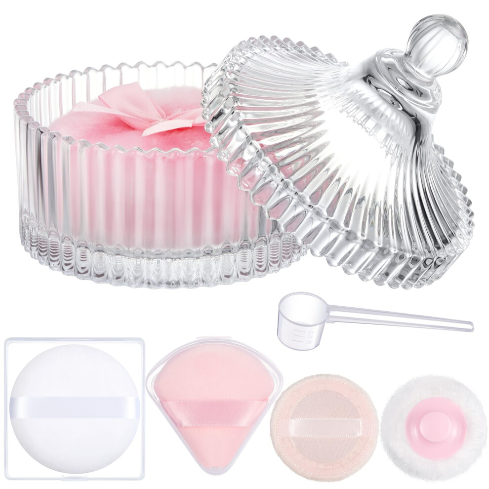 Body Powder Puff Set, Washable Reusable Velour, MultiâSize with Elegant Glass Container for Baby and Adult