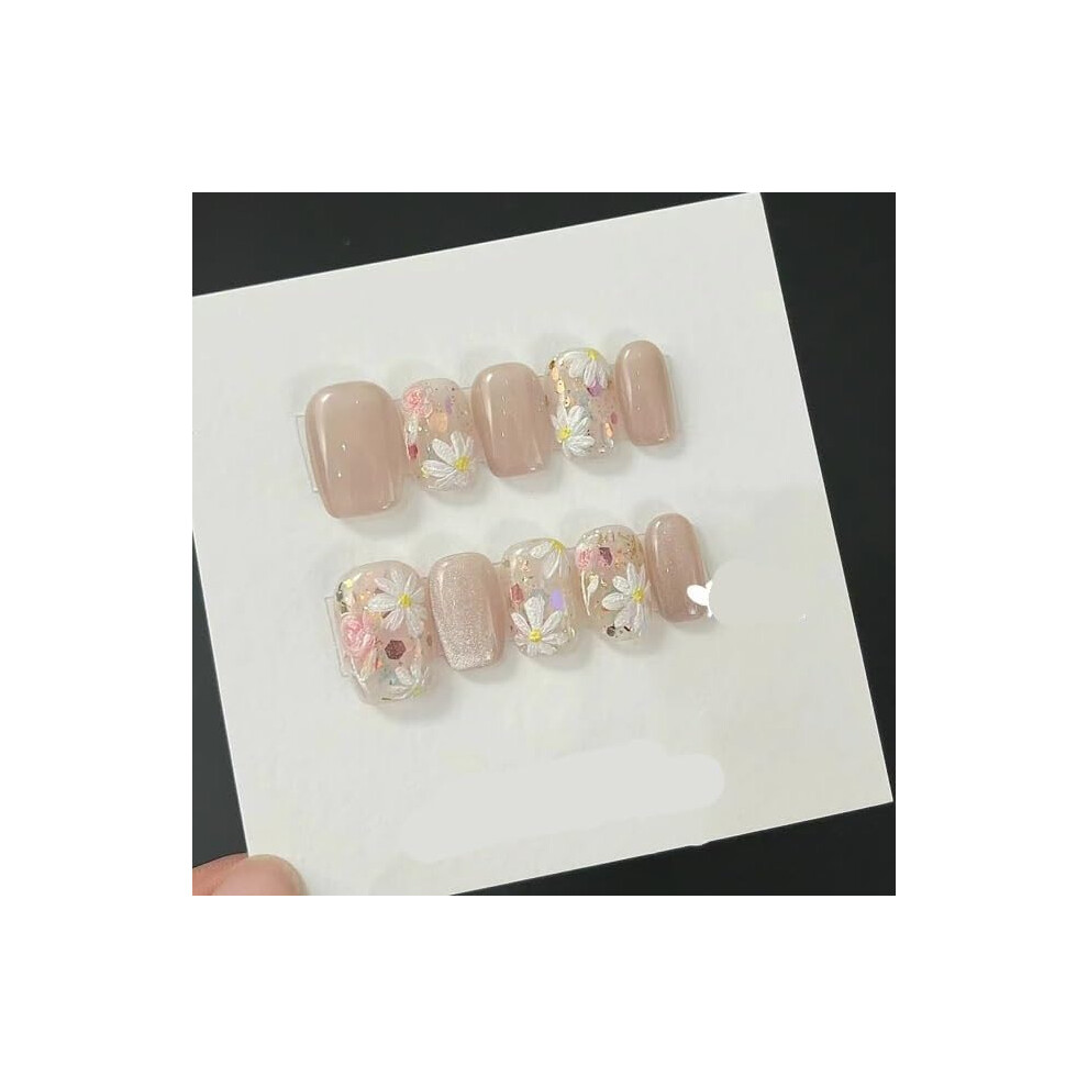 Handmade Floral Press On Nails with Cat Eye Effect, Spring Summer Detachable False Nail Tips M 10pcs