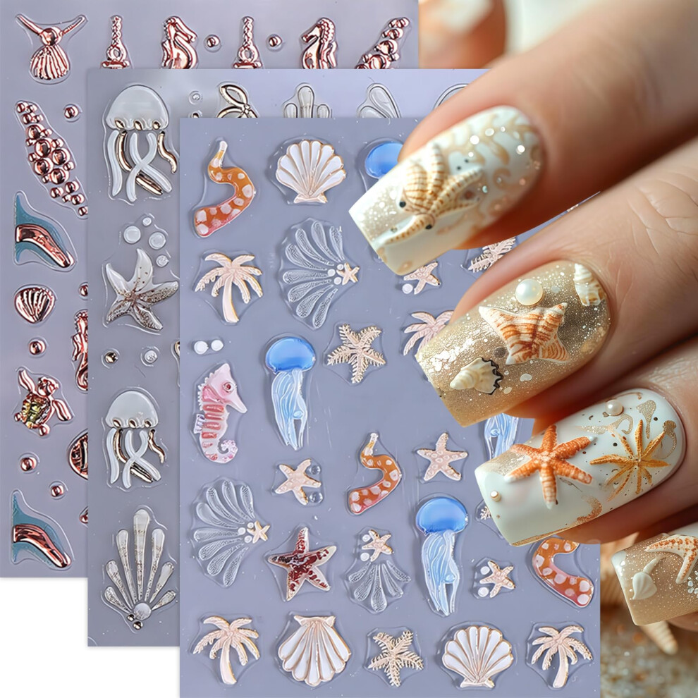 3 Sheets 5D Ocean Nail Art Stickers Marine Life Starfish Seashell Decals for Women Manicure