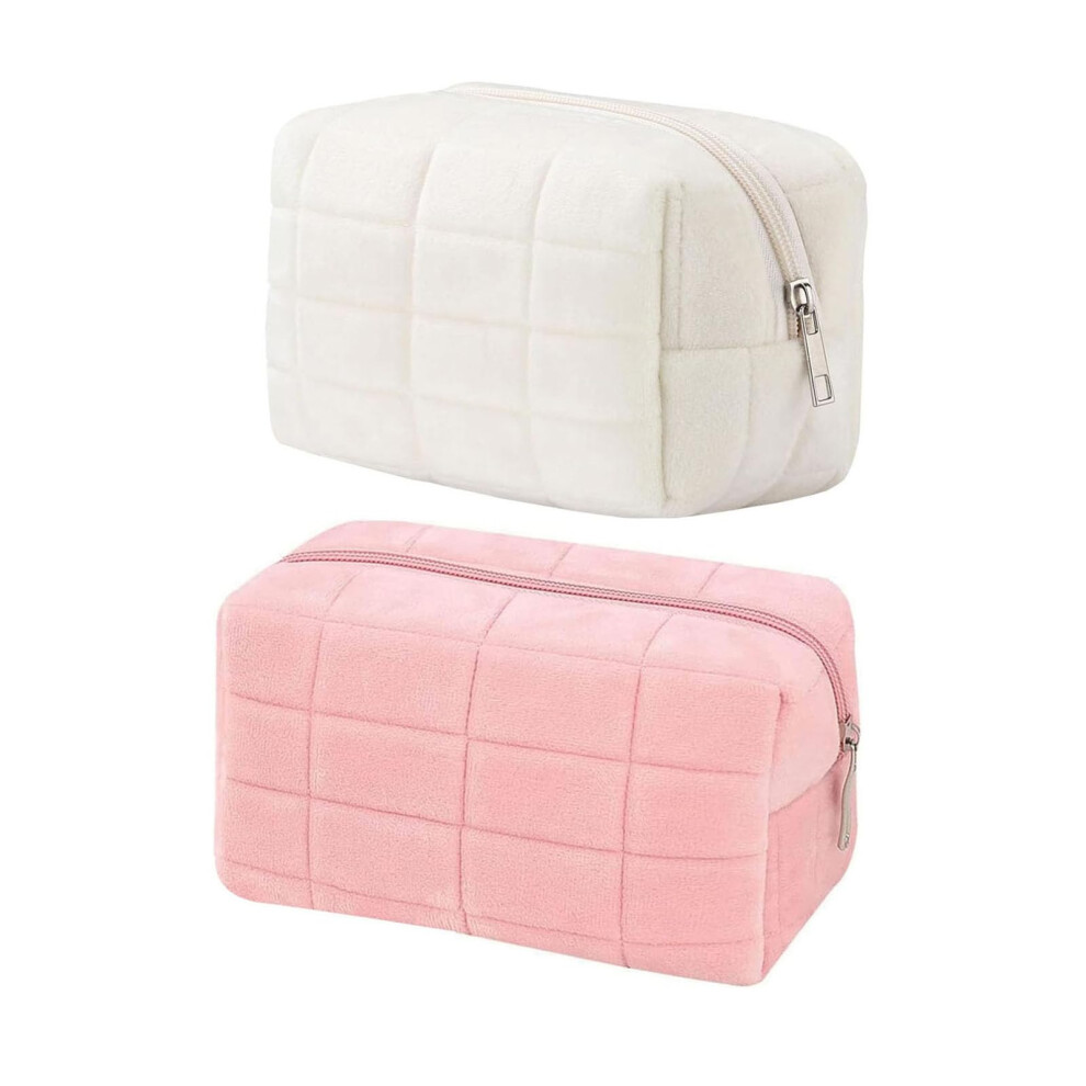 Pink/White 2Pcs Small Travel Makeup Bag For Women, Plush Checkered Cosmetic Pouch, And Y2k Design