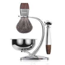 Safety Razor Set for Men with Wood Grain Handle, Synthetic Brush, Steel Bowl, Stand and 10 Blades