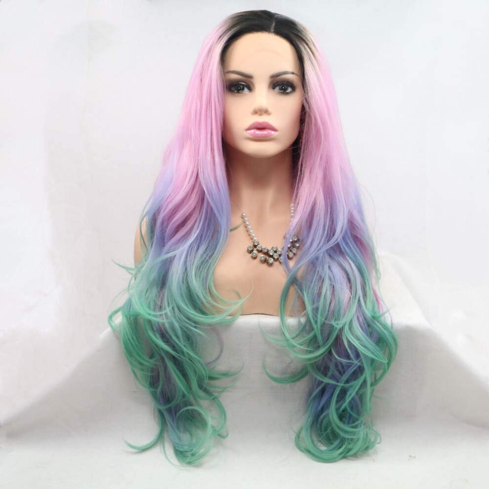 Unisex Dark Long Wavy Ombre Lace Front Wig For Women With Roots Heat Resistant Synthetic Hair