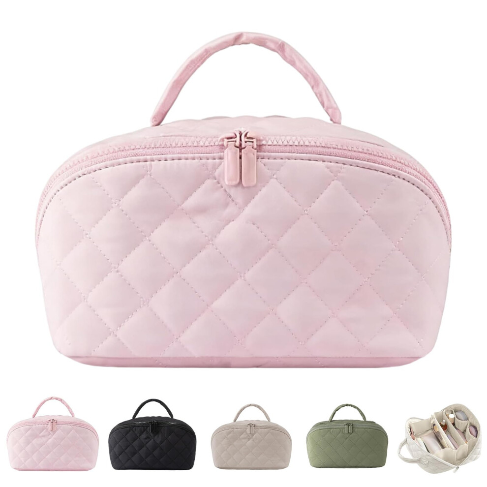 Large Capacity Waterproof Makeup Travel Bag PU Leather Cosmetic Organizer with Brush Holder Pink