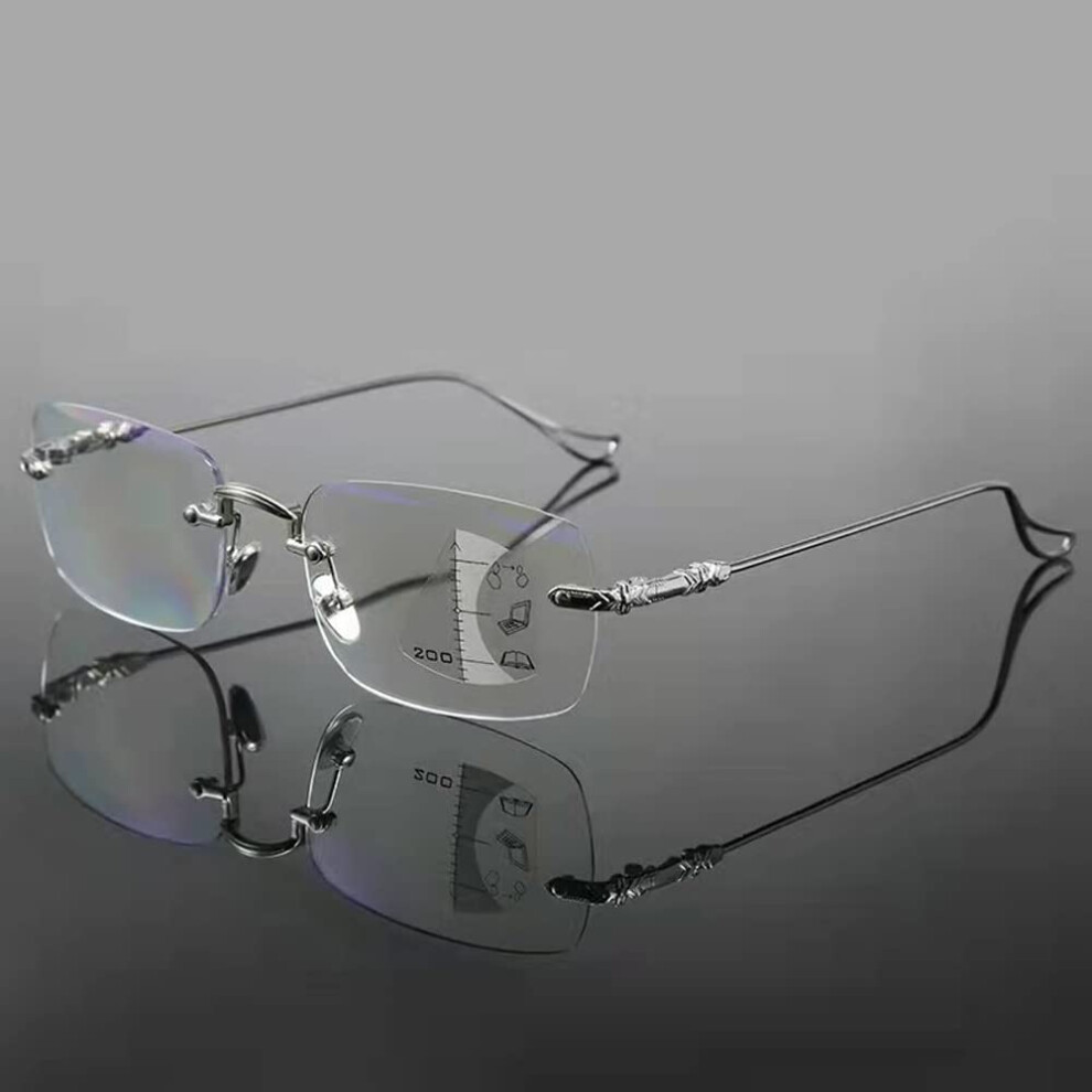 Silver +2.5 Rimless Reading Glasses Progressive Multifocus Lenses Metal Frame For Men And Women