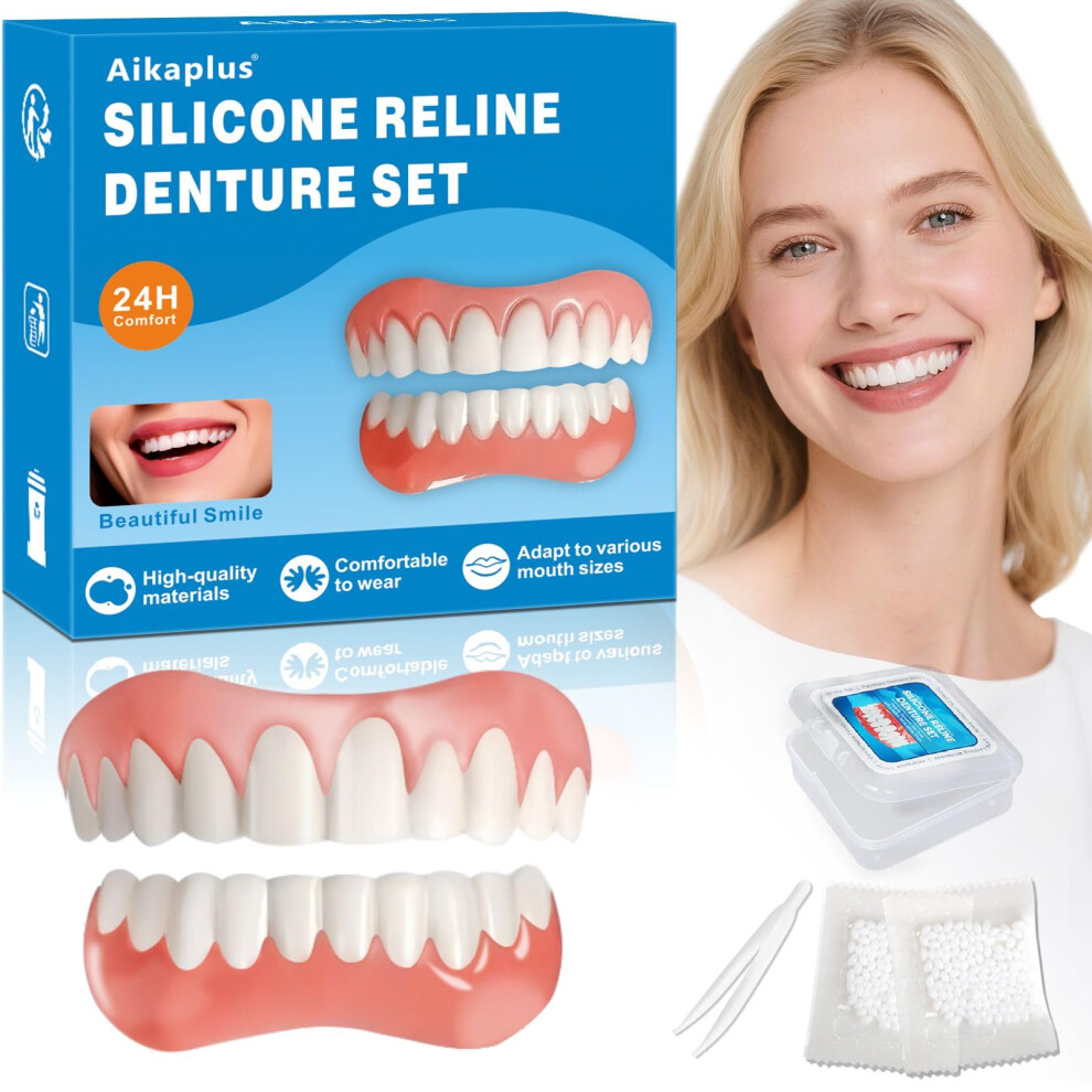 False Teeth Veneer Dentures Moldable Silicone Set for Upper and Lower Instant Smile Fix 1 Pack