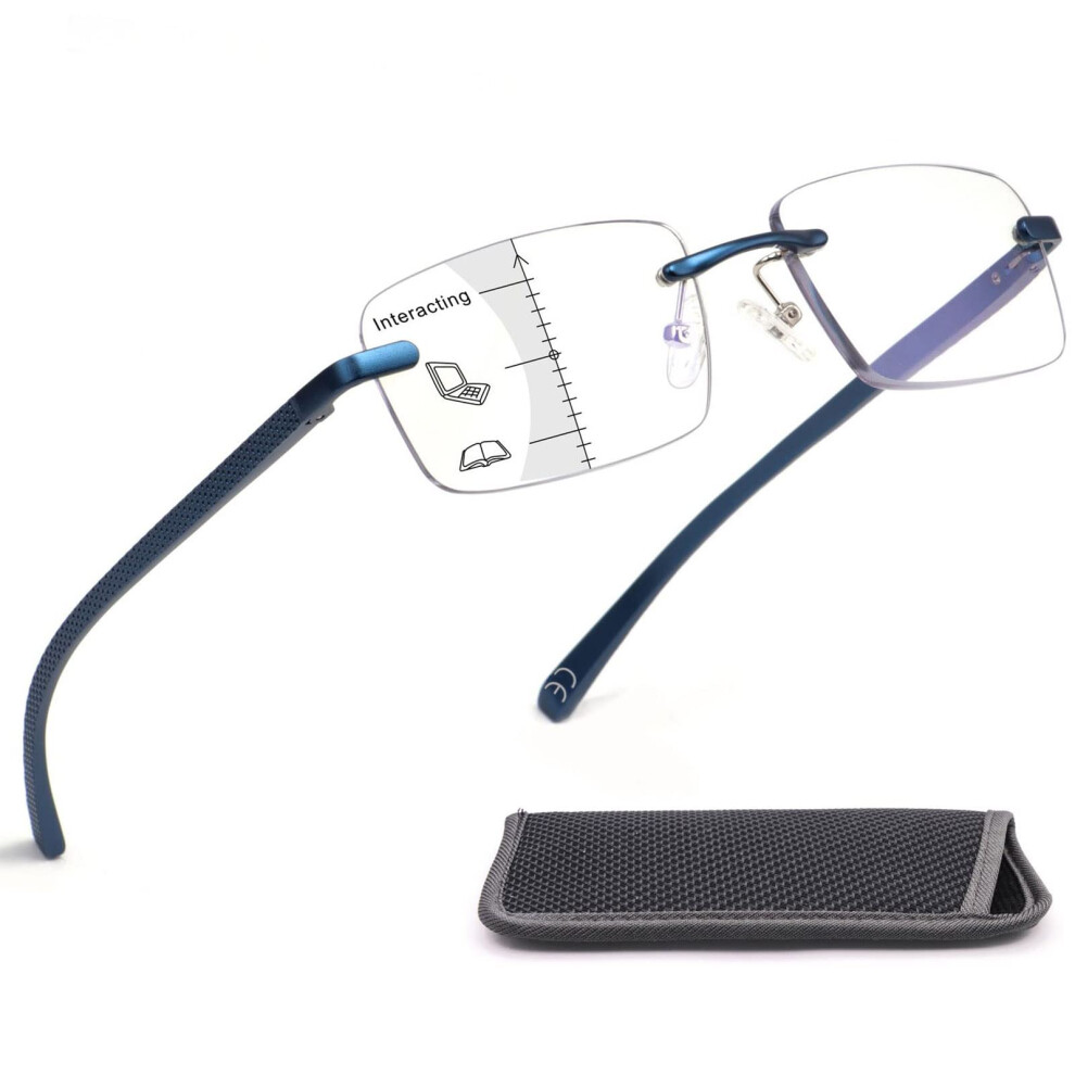 Blue/Light Progressive Multifocus Reading Glasses +1.5 Blocking Rimless Comfort For Men And Women