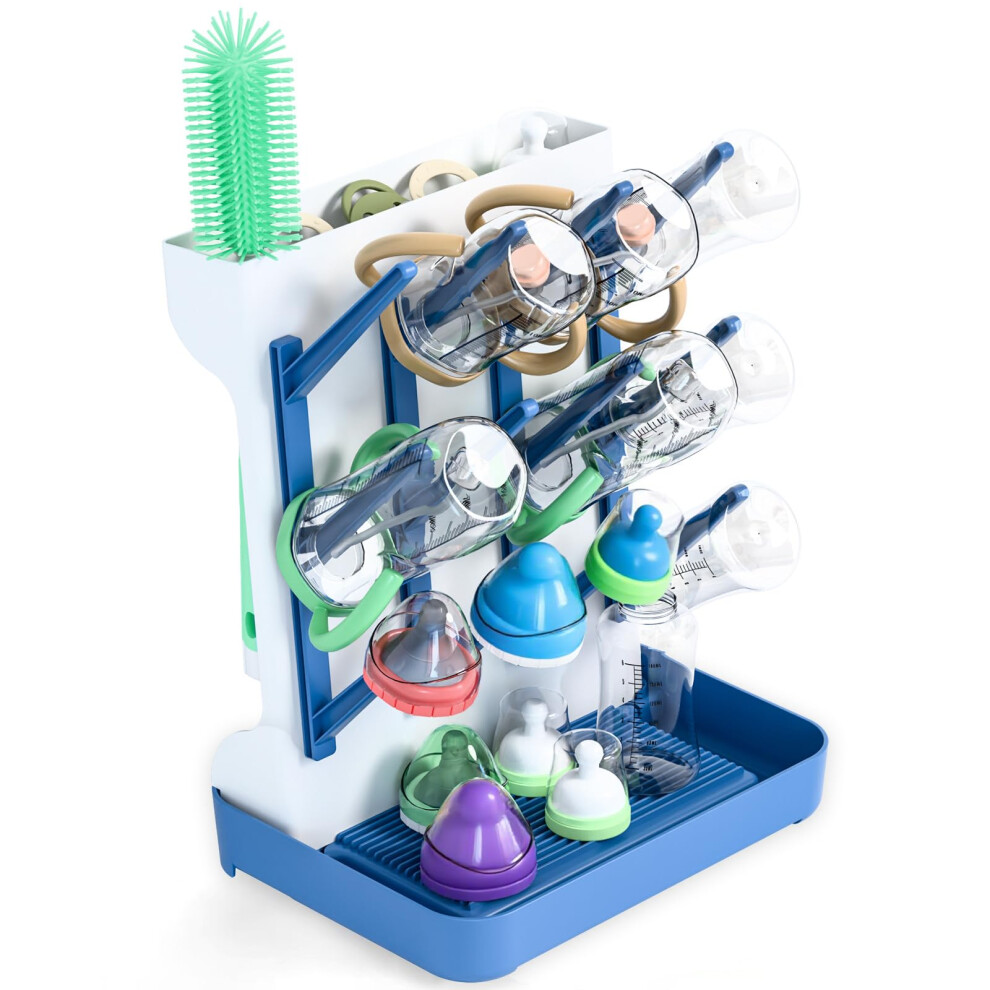 Baby Bottle Drying Rack With Removable Drip Tray, Spacesaving Vertical Holder For 12 Bottles, Blue