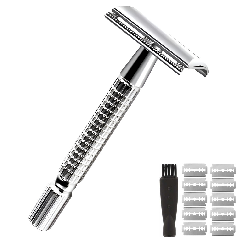 Double Edge Safety Razor for Men and Women, Butterfly Open with 10 Blades, Precision Shaving Kit