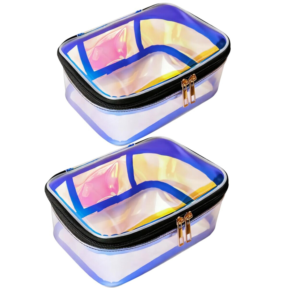 2pcs Holographic Waterproof Makeup Bags, Clear PVC Iridescent Travel Cosmetic Organizer with Zipper, Pink