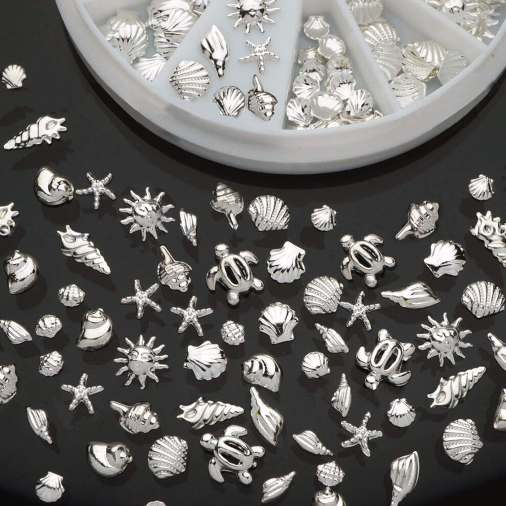Silver 120Pcs Shell Nail Art Decorations Ocean Theme Conch Alloy Charms In Compact Wheel