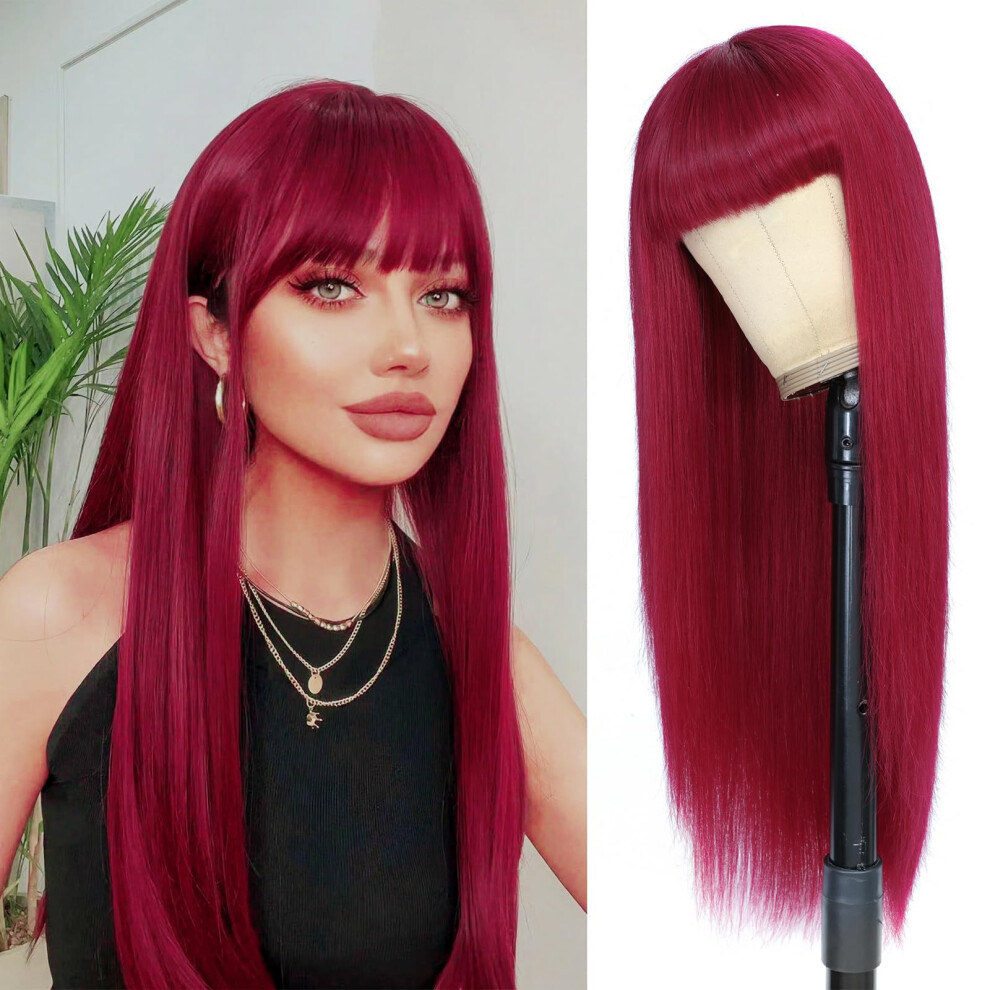 26 Inch Burgundy Human Hair Wig with Bangs for Women, 150% Density Long Length