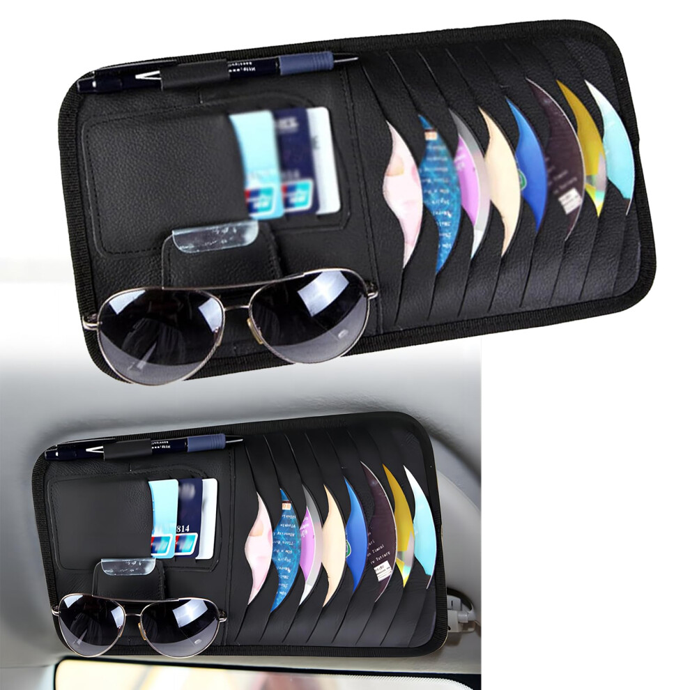 Car Sun Visor Organizer Leather Cd Holder With Sunglasses Pocket Multipocket Universal Fit Black 9455672708395