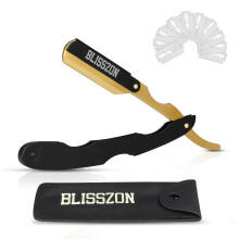 Stainless Steel Barber Straight Razor for Men with Leather Pouch and 10 Double Edge Blades Black Gold