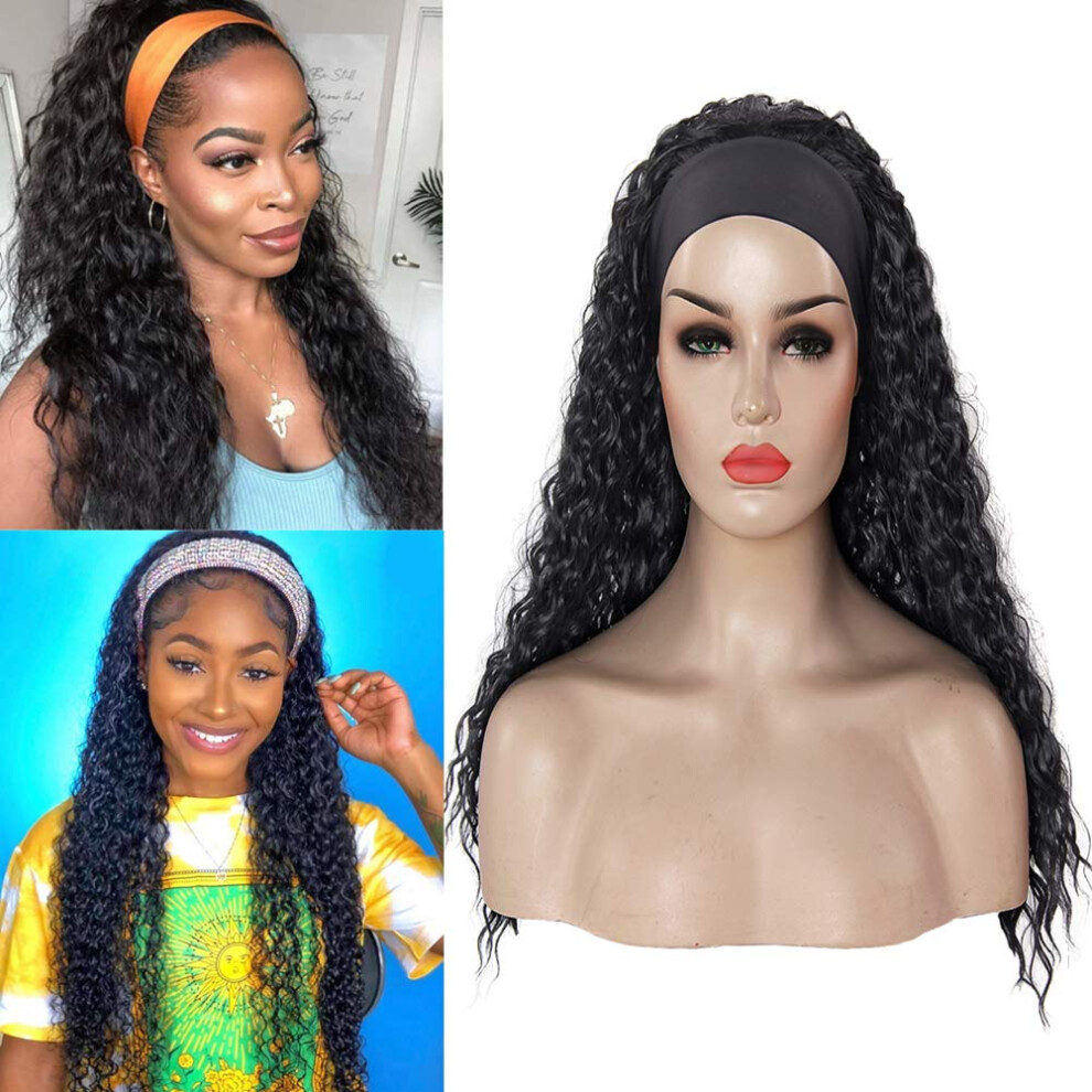 Long Water Wave Headband Wig 24inch for Black Women, Glue Curly Half Wig with Silk Band